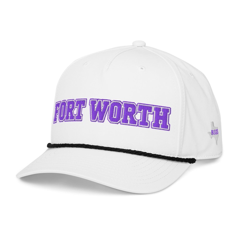 Angled front view of white HAGS Fort Worth Texas rope hat, showing purple FORT WORTH lettering and contrasting rope.