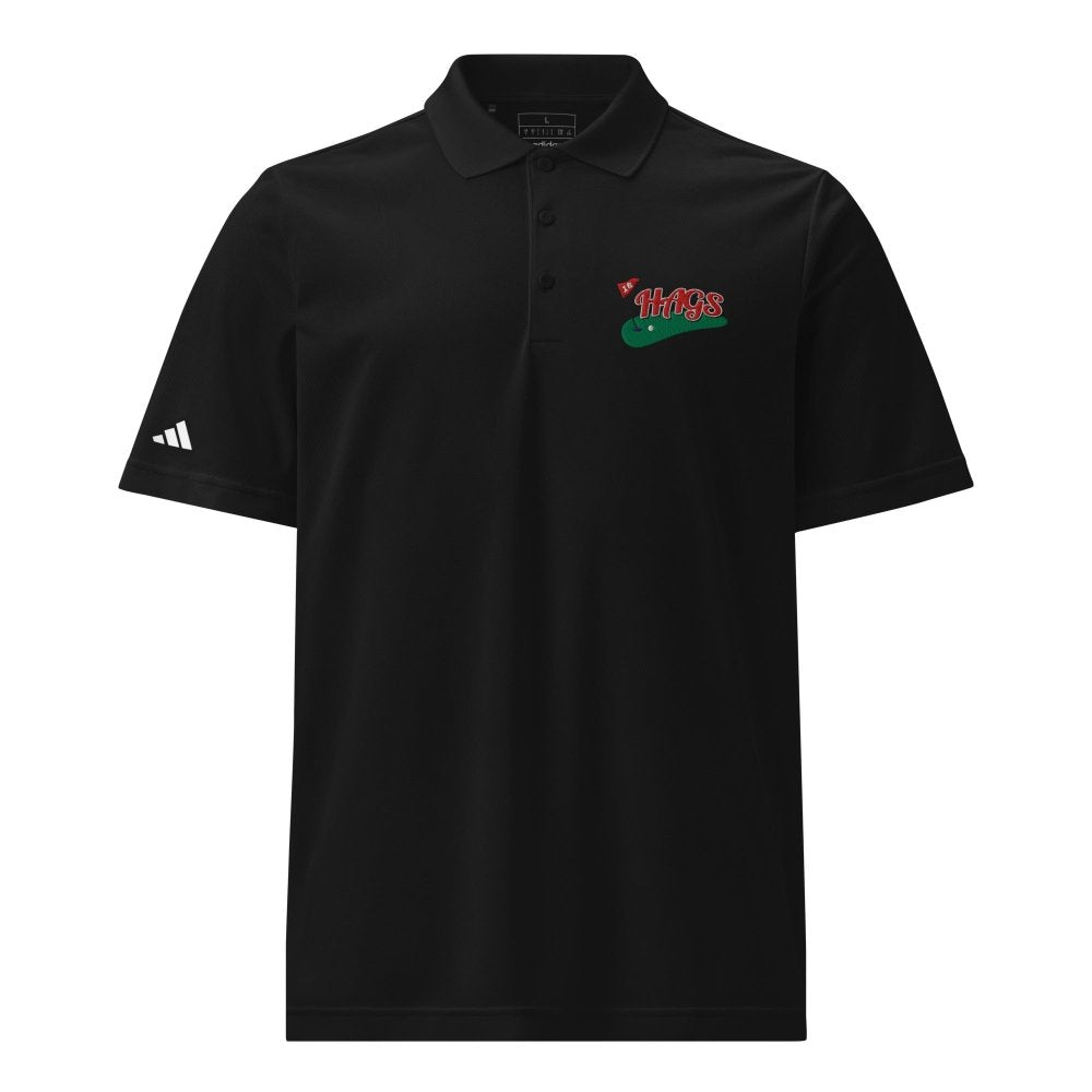 Front view of black HAGS Golf Adidas polo, showing HAGS golf chest logo and Adidas sleeve logo.