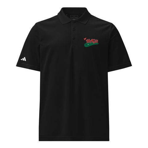 Front view of black HAGS Golf Adidas polo, showing HAGS golf chest logo and Adidas sleeve logo.