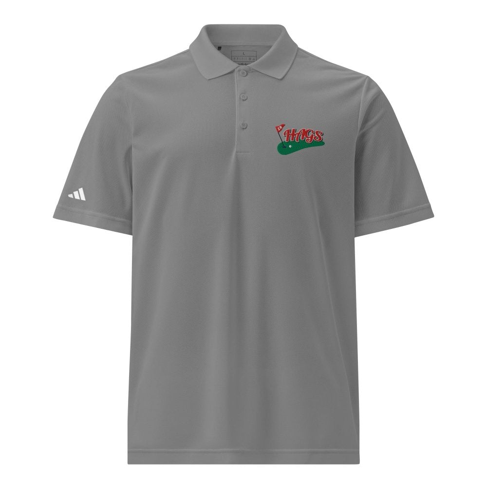 Front view of gray HAGS Golf Adidas polo, showing HAGS golf chest logo and Adidas sleeve logo.