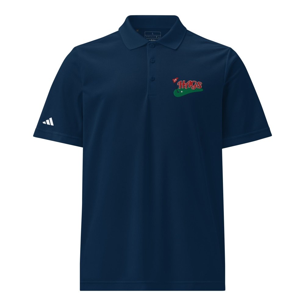 Front view of navy HAGS Golf Adidas polo, showing HAGS golf chest logo and Adidas sleeve logo.