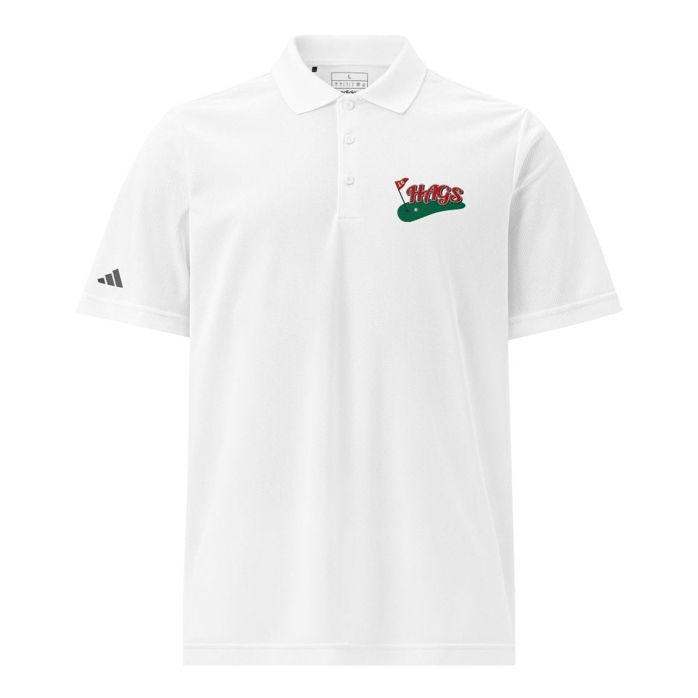 Front view of white HAGS Golf Adidas polo, showing HAGS golf chest logo and Adidas sleeve logo.