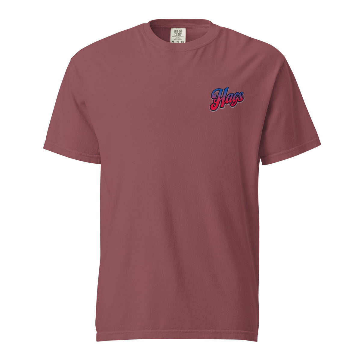 Front view of brick red HAGS Have a Great Semiquincentennial patriotic T-shirt, showing small red and blue chest logo.