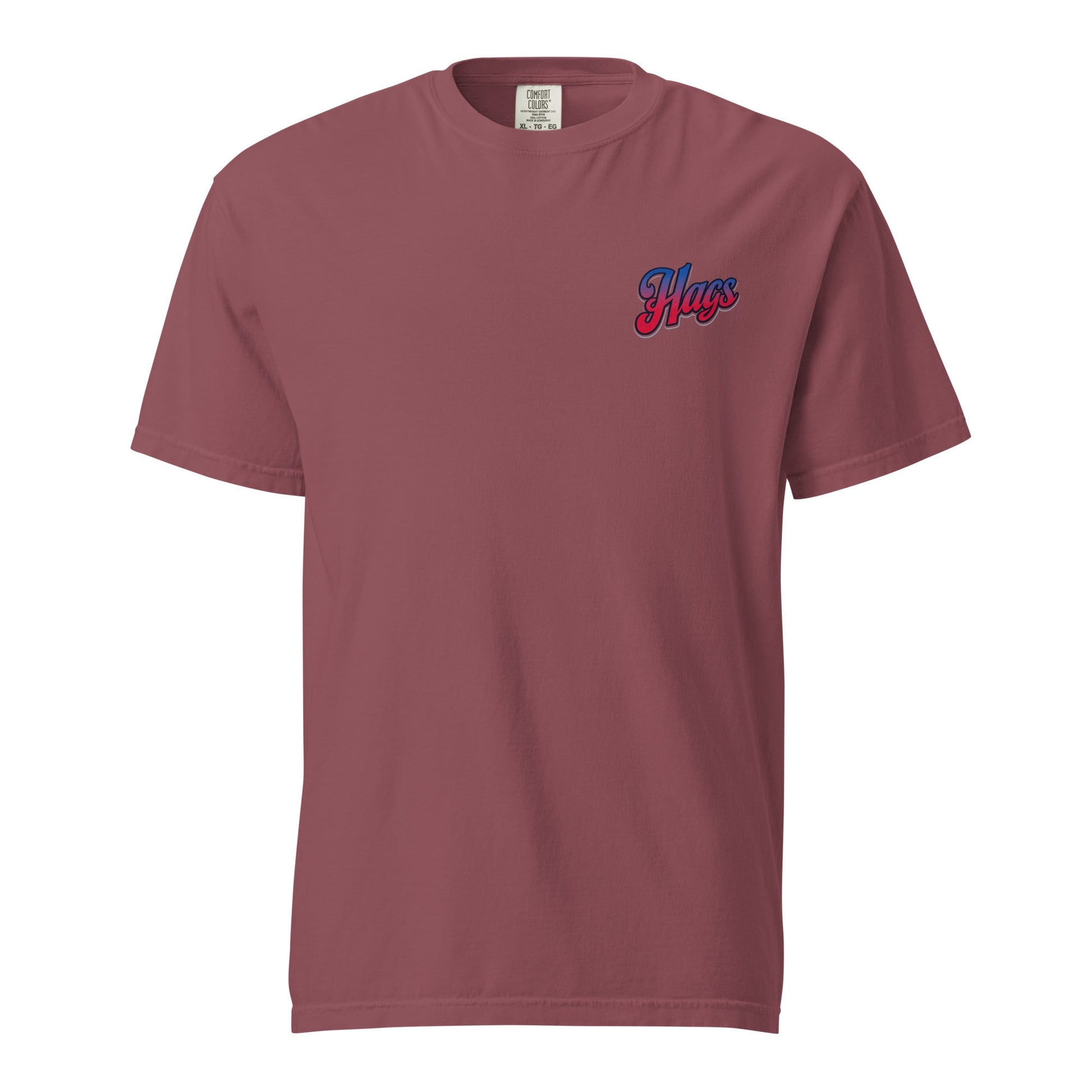 Front view of brick red HAGS Have a Great Semiquincentennial patriotic T-shirt, showing small red and blue chest logo.