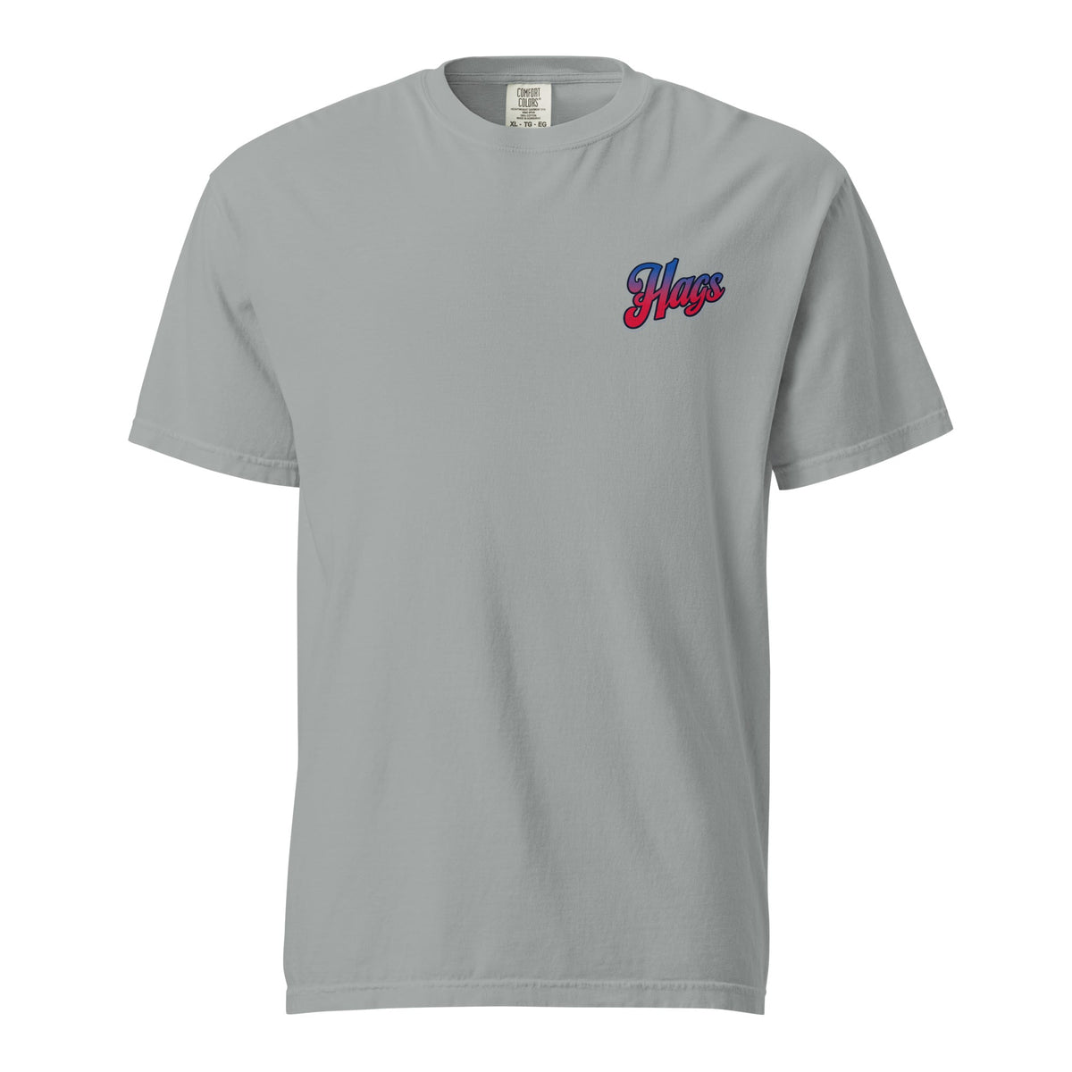 Front view of granite gray HAGS Have a Great Semiquincentennial patriotic T-shirt, showing small red and blue chest logo.