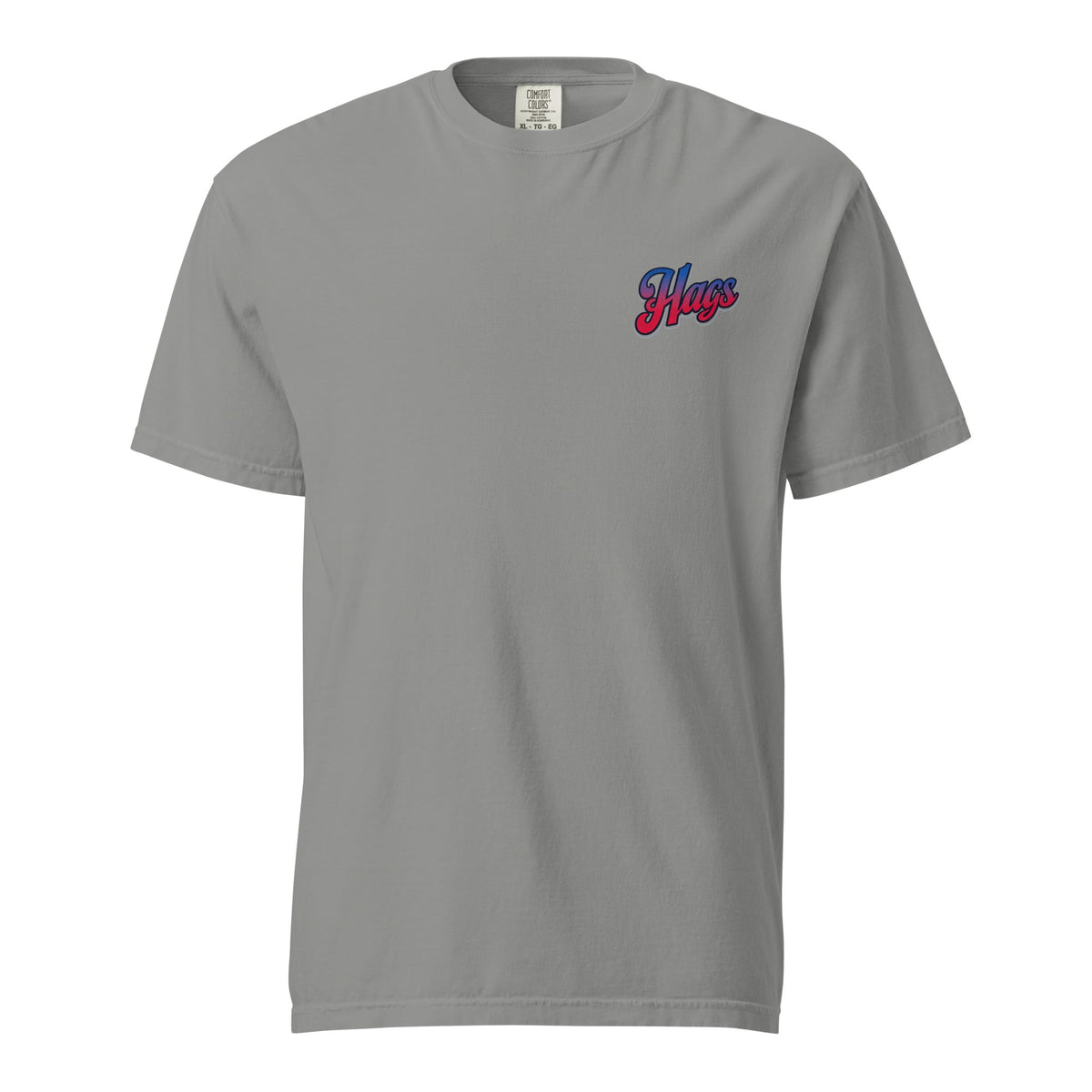 Front view of gray HAGS Have a Great Semiquincentennial patriotic T-shirt, showing small red and blue chest logo.