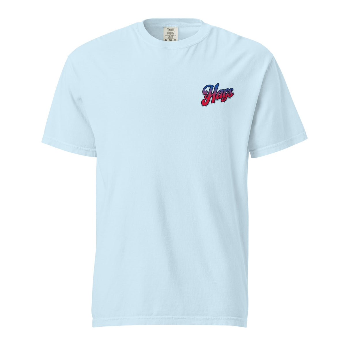 Front view of light blue HAGS Have a Great Semiquincentennial patriotic T-shirt, showing small red and blue chest logo.