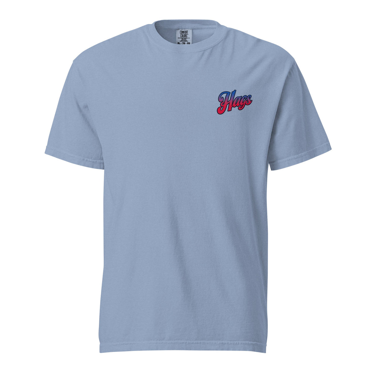 Front view of washed blue HAGS Have a Great Semiquincentennial patriotic T-shirt, showing small red and blue chest logo.