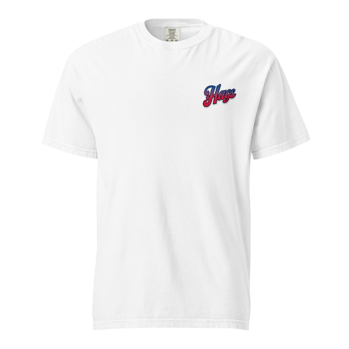 Front view of white HAGS Have a Great Semiquincentennial patriotic T-shirt, showing small red and blue chest logo.