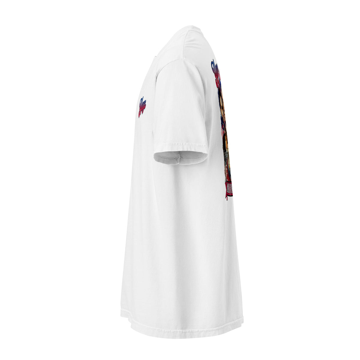 Left-side view of white HAGS Have a Great Semiquincentennial patriotic T-shirt.