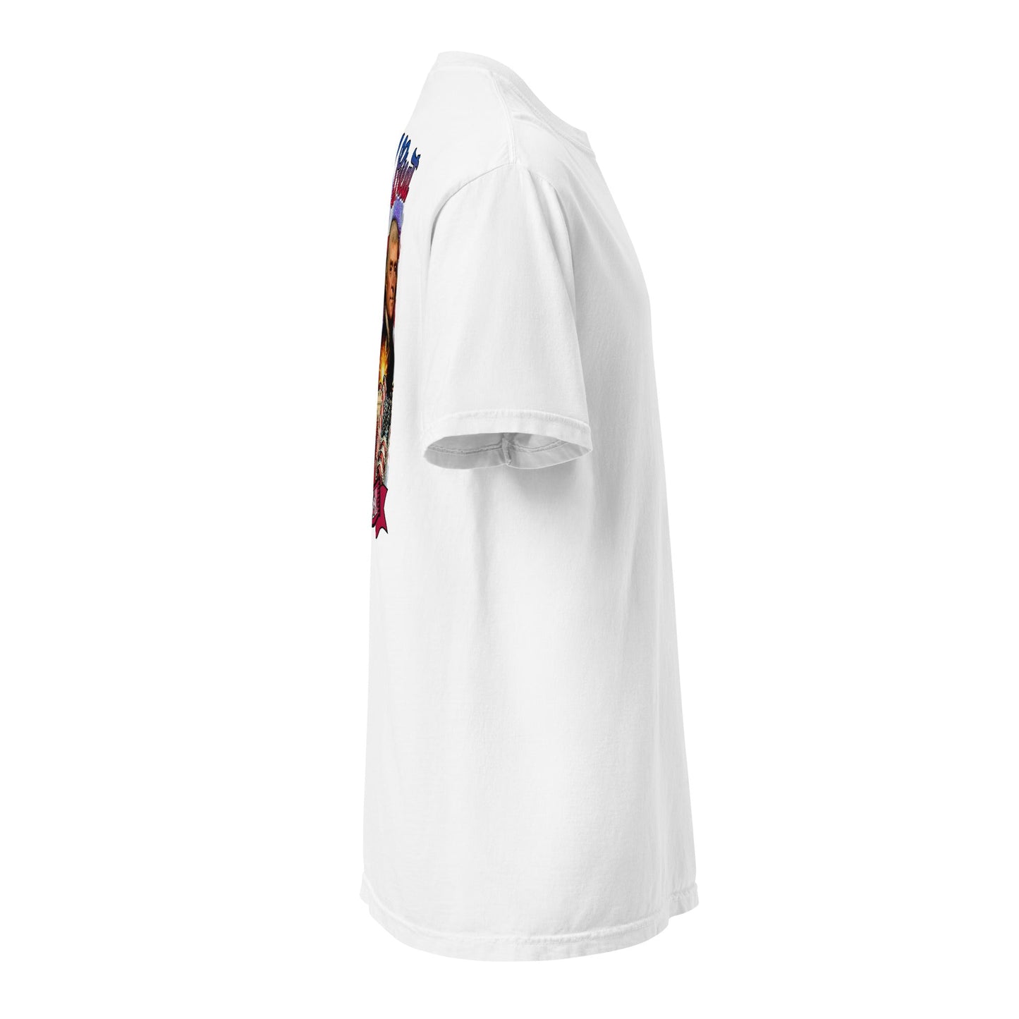 Right-side view of white HAGS Have a Great Semiquincentennial patriotic T-shirt.