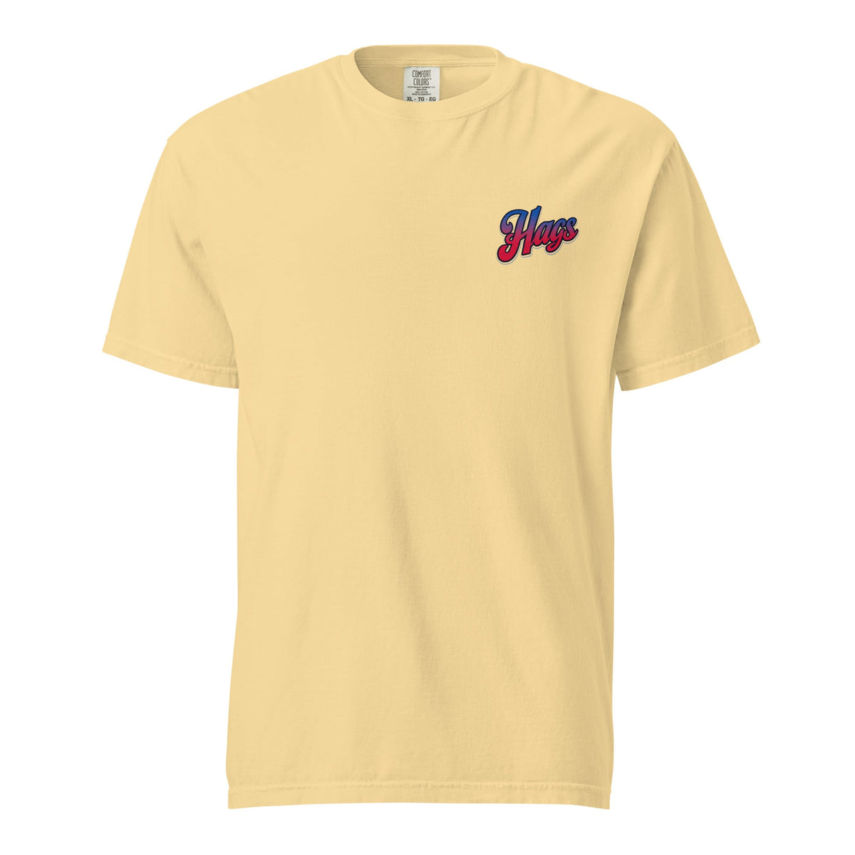 Front view of yellow HAGS Have a Great Semiquincentennial patriotic T-shirt, showing small red and blue chest logo.