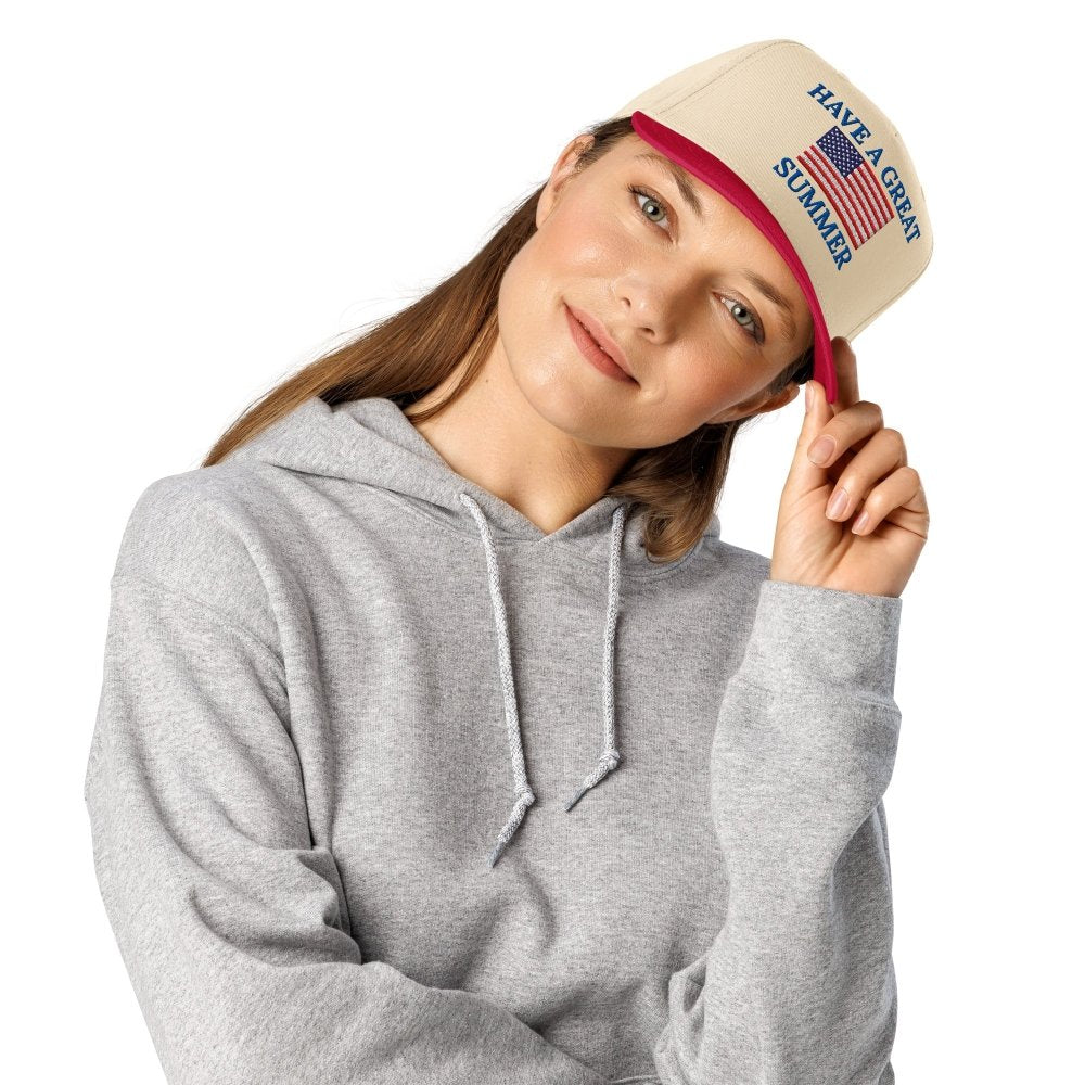 Model wearing a cream and red HAGS Have a Great Summer American flag snapback.