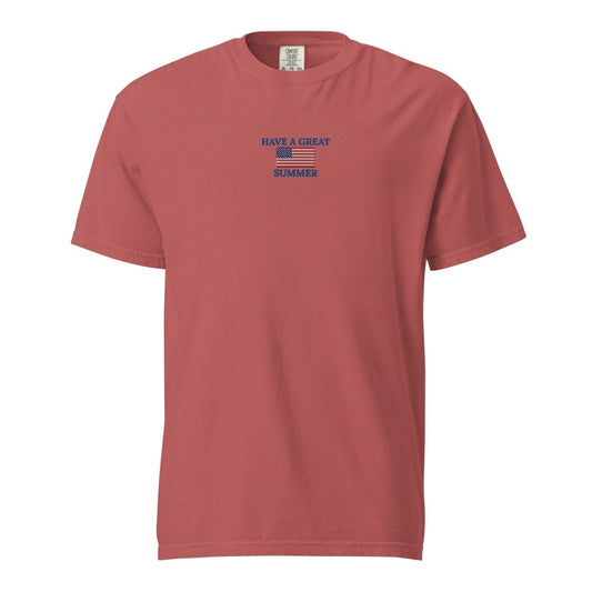 Front view of faded red HAGS Have a Great Summer American flag T-shirt, showing small American flag and Have a Great Summer chest graphic.