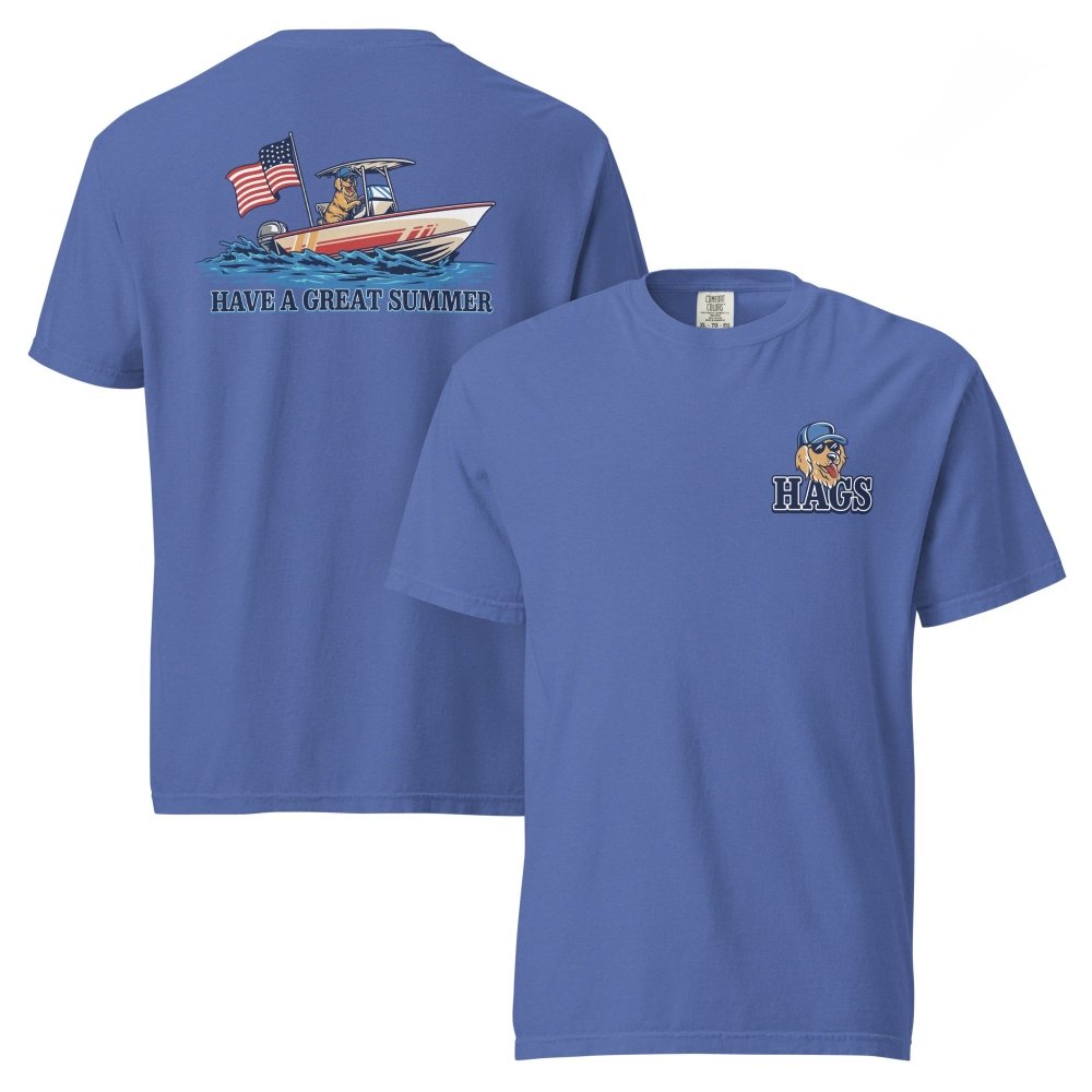 Front and back views of blue HAGS Have a Great Summer dog boating T-shirt, showing small HAGS dog chest graphic and dogs in a boat with an American flag.