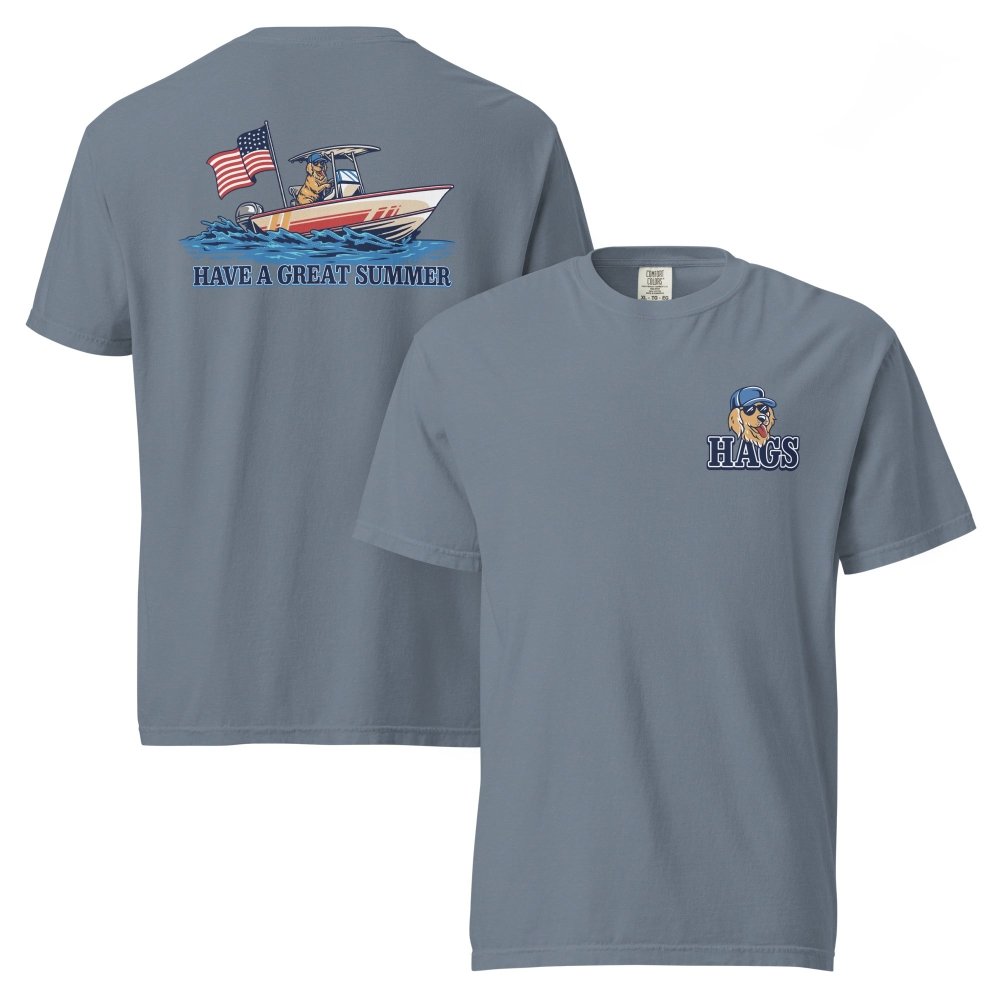 Front and back views of blue gray HAGS Have a Great Summer dog boating T-shirt, showing small HAGS dog chest graphic and dogs in a boat with an American flag.