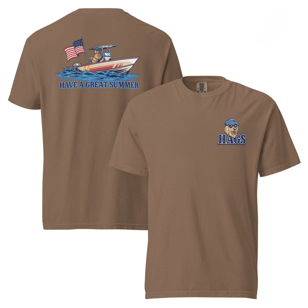Front and back views of brown HAGS Have a Great Summer dog boating T-shirt, showing small HAGS dog chest graphic and dogs in a boat with an American flag.