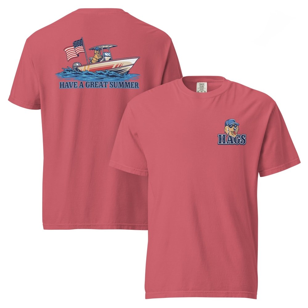 Front and back views of faded red HAGS Have a Great Summer dog boating T-shirt, showing small HAGS dog chest graphic and dogs in a boat with an American flag.