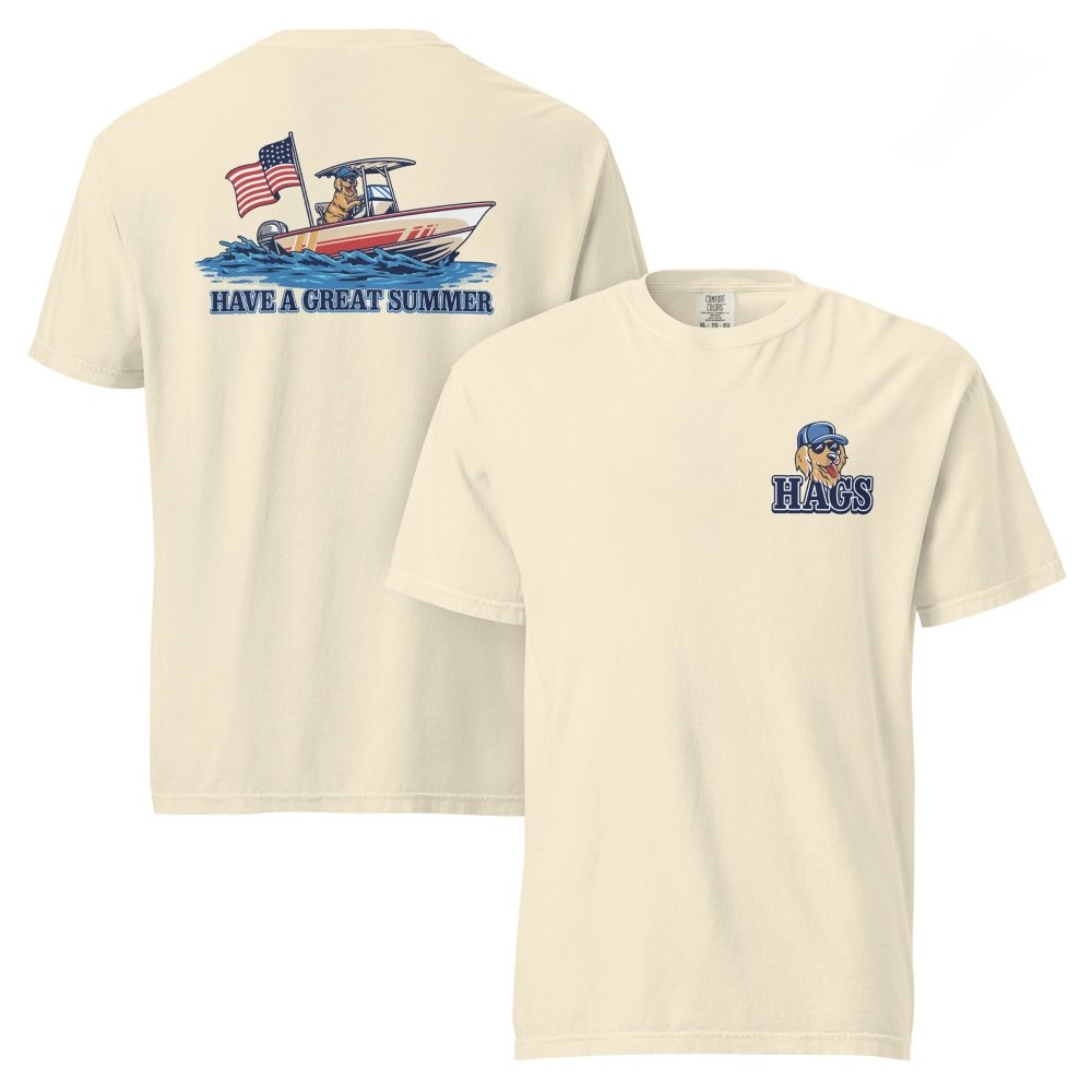 Front and back views of ivory HAGS Have a Great Summer dog boating T-shirt, showing small HAGS dog chest graphic and dogs in a boat with an American flag.