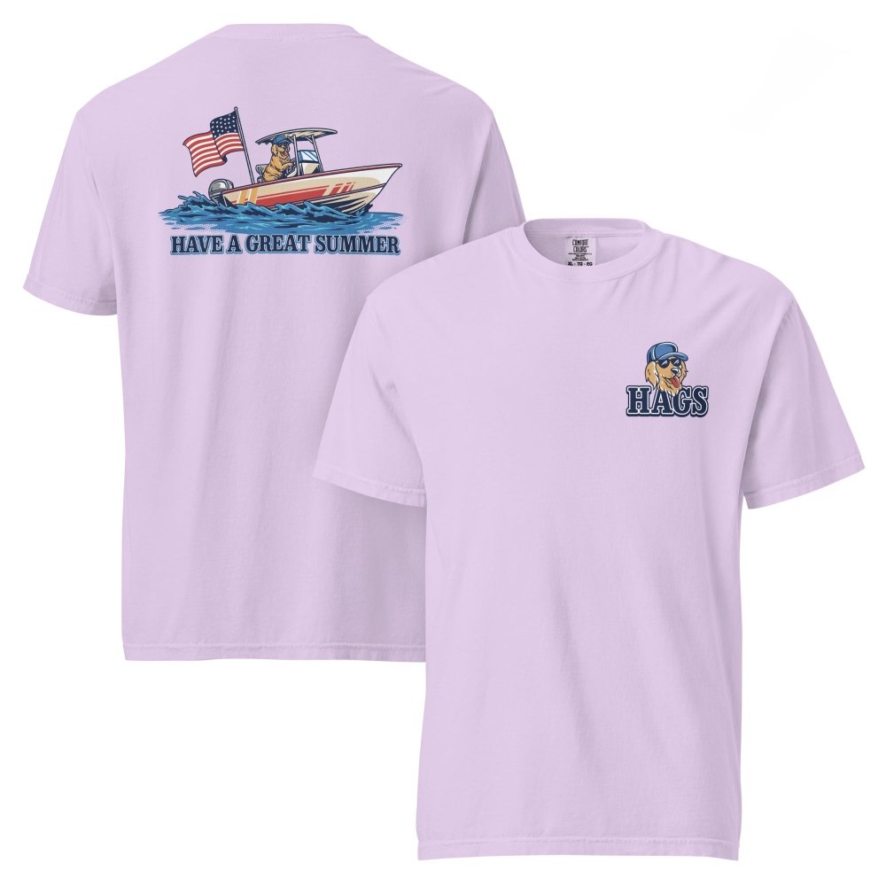 Front and back views of lavender HAGS Have a Great Summer dog boating T-shirt, showing small HAGS dog chest graphic and dogs in a boat with an American flag.