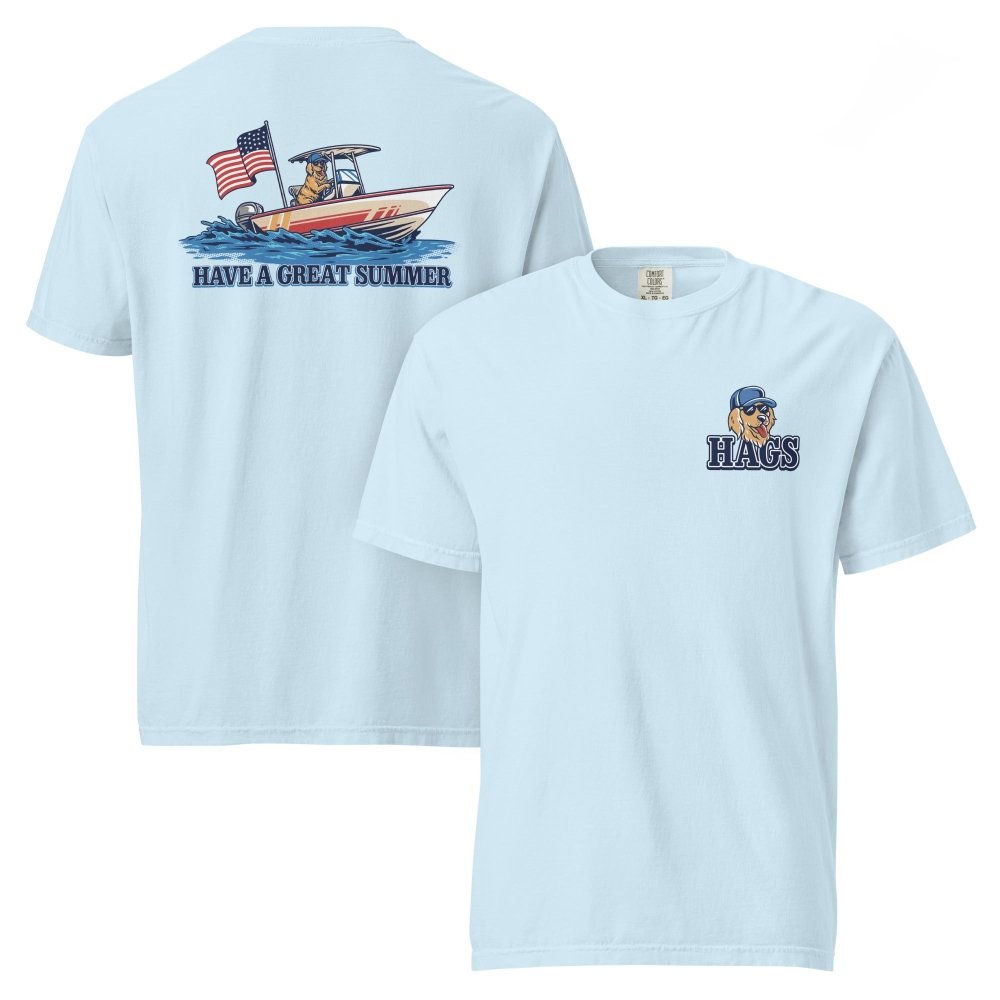 Front and back views of light blue HAGS Have a Great Summer dog boating T-shirt, showing small HAGS dog chest graphic and dogs in a boat with an American flag.