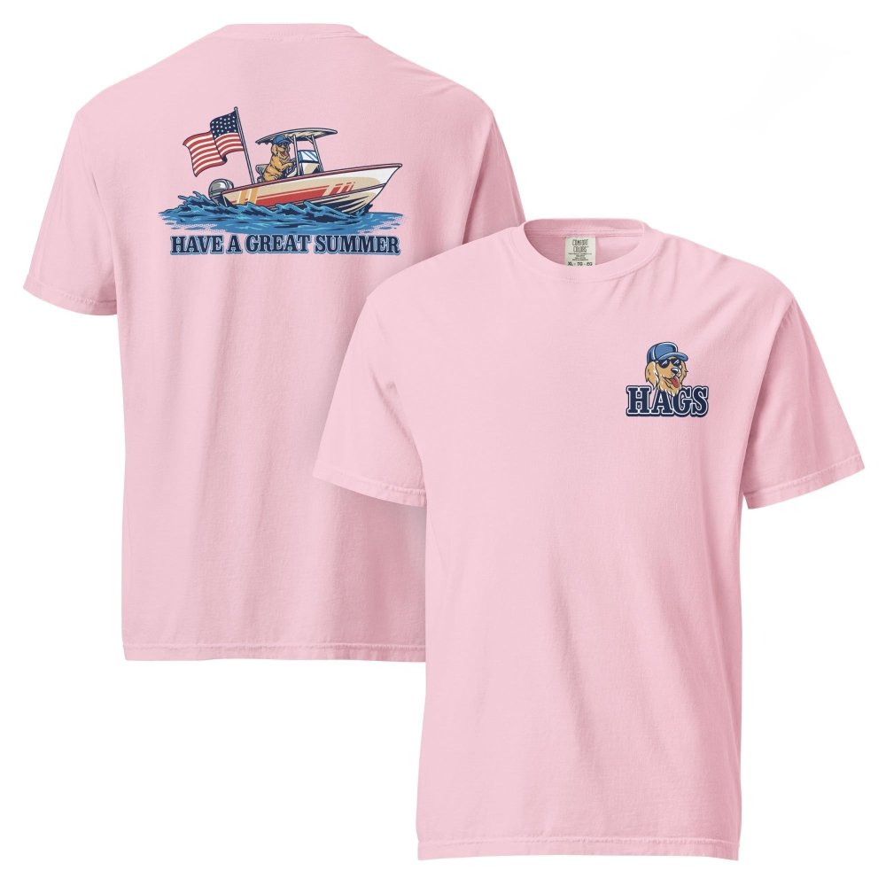 Front and back views of pink HAGS Have a Great Summer dog boating T-shirt, showing small HAGS dog chest graphic and dogs in a boat with an American flag.