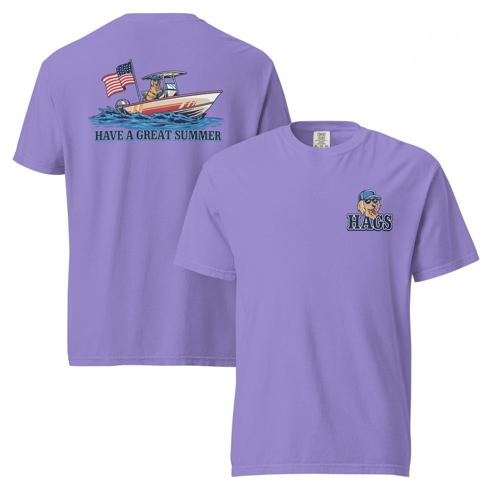 Front and back views of purple HAGS Have a Great Summer dog boating T-shirt, showing small HAGS dog chest graphic and dogs in a boat with an American flag.