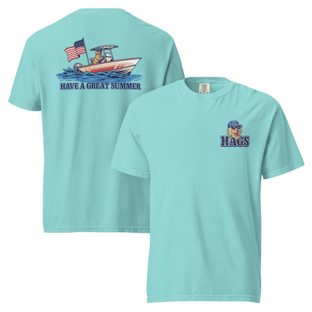 Front and back views of turquoise HAGS Have a Great Summer dog boating T-shirt, showing small HAGS dog chest graphic and dogs in a boat with an American flag.