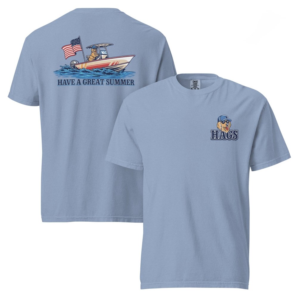Front and back views of washed blue HAGS Have a Great Summer dog boating T-shirt, showing small HAGS dog chest graphic and dogs in a boat with an American flag.