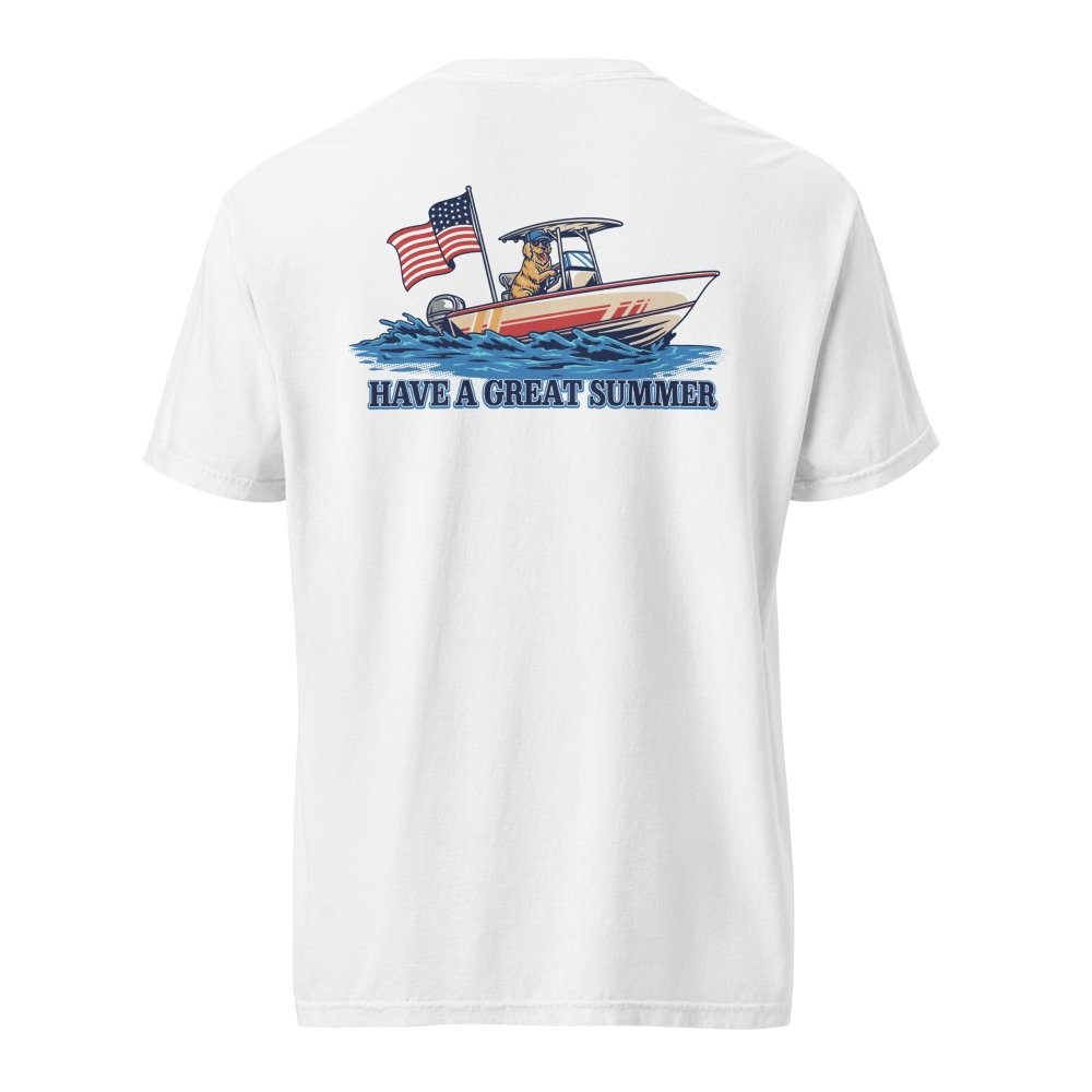 Back view of white HAGS Have a Great Summer dog boating T-shirt, showing dogs in a boat with an American flag.