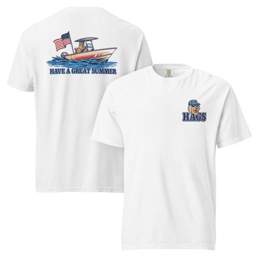 Front and back views of white HAGS Have a Great Summer dog boating T-shirt, showing small HAGS dog chest graphic and dogs in a boat with an American flag.