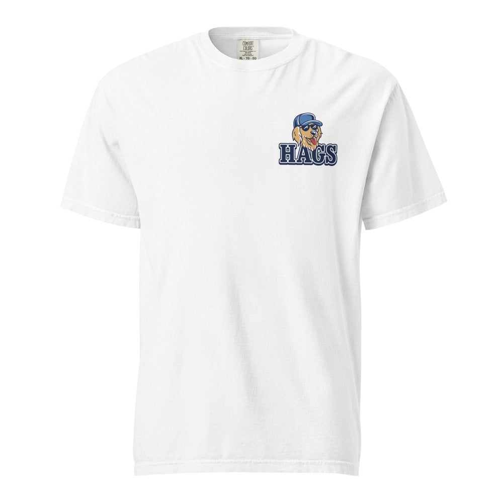Front view of white HAGS Have a Great Summer dog boating T-shirt, showing small HAGS dog chest graphic.