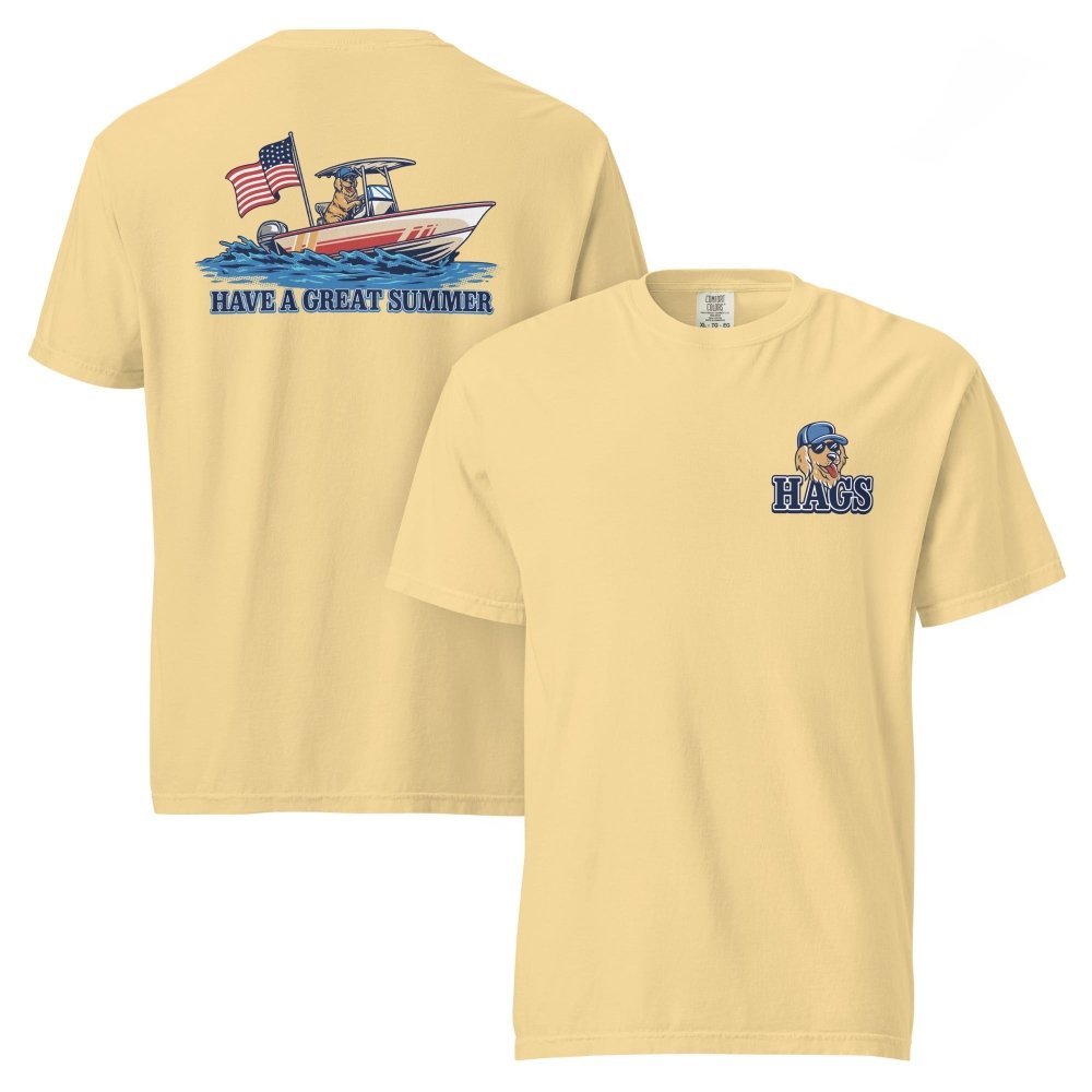 Front and back views of yellow HAGS Have a Great Summer dog boating T-shirt, showing small HAGS dog chest graphic and dogs in a boat with an American flag.