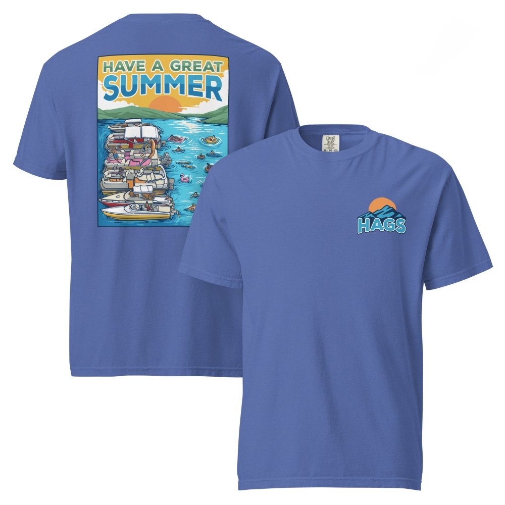 Front and back views of blue HAGS Have a Great Summer tied-up boats T-shirt, showing small HAGS sunset chest logo and boats tied together on blue water.