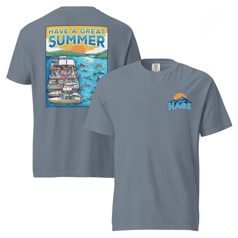 Front and back views of blue gray HAGS Have a Great Summer tied-up boats T-shirt, showing small HAGS sunset chest logo and boats tied together on blue water.