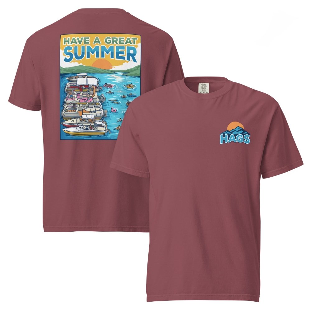 Front and back views of brick red HAGS Have a Great Summer tied-up boats T-shirt, showing small HAGS sunset chest logo and boats tied together on blue water.