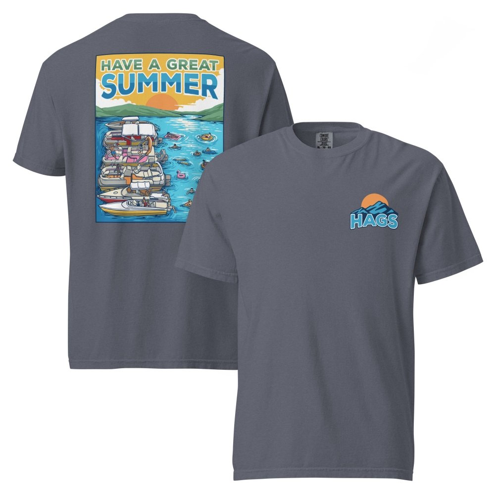 Front and back views of dark denim HAGS Have a Great Summer tied-up boats T-shirt, showing small HAGS sunset chest logo and boats tied together on blue water.