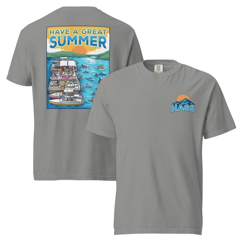 Front and back views of gray HAGS Have a Great Summer tied-up boats T-shirt, showing small HAGS sunset chest logo and boats tied together on blue water.