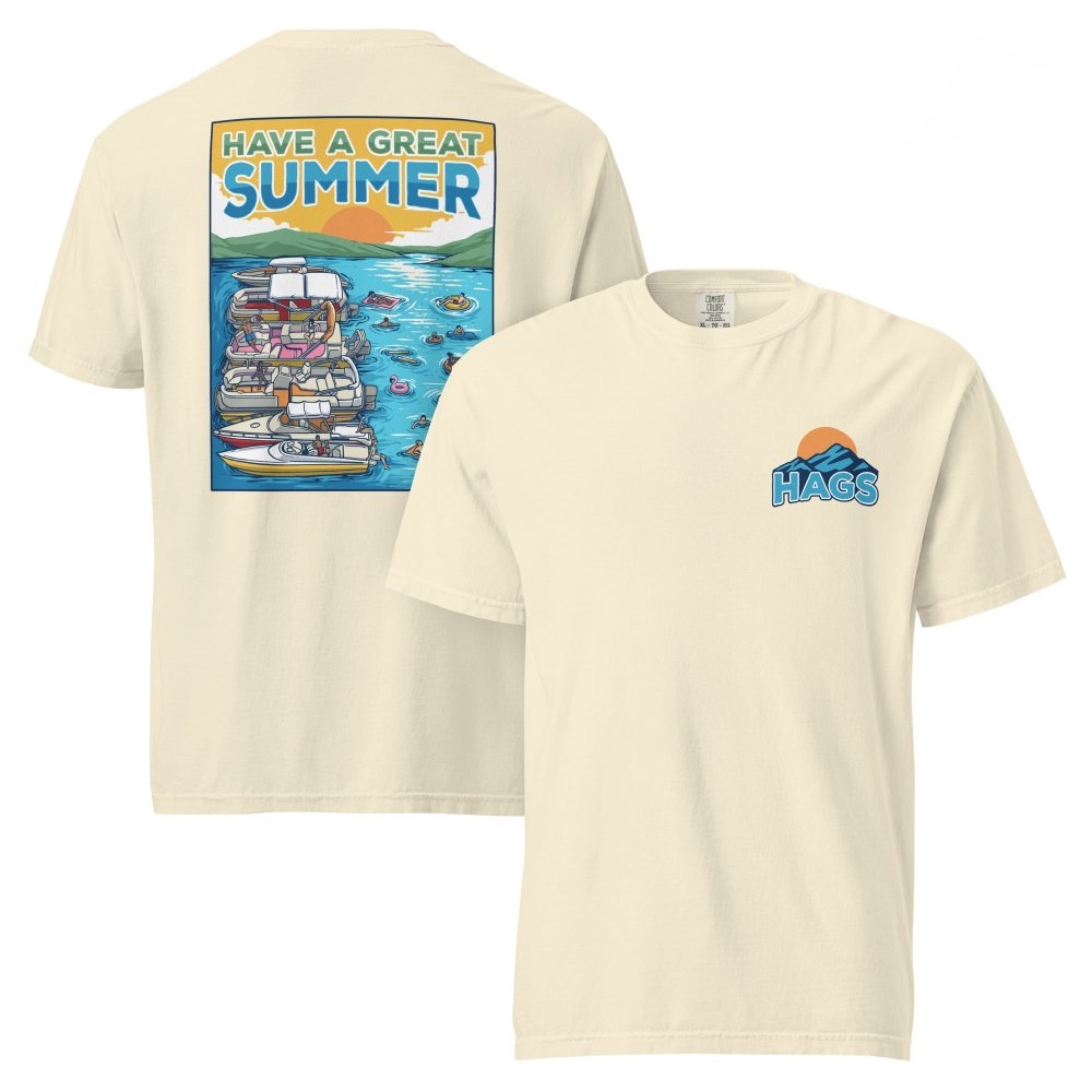 Front and back views of ivory HAGS Have a Great Summer tied-up boats T-shirt, showing small HAGS sunset chest logo and boats tied together on blue water.