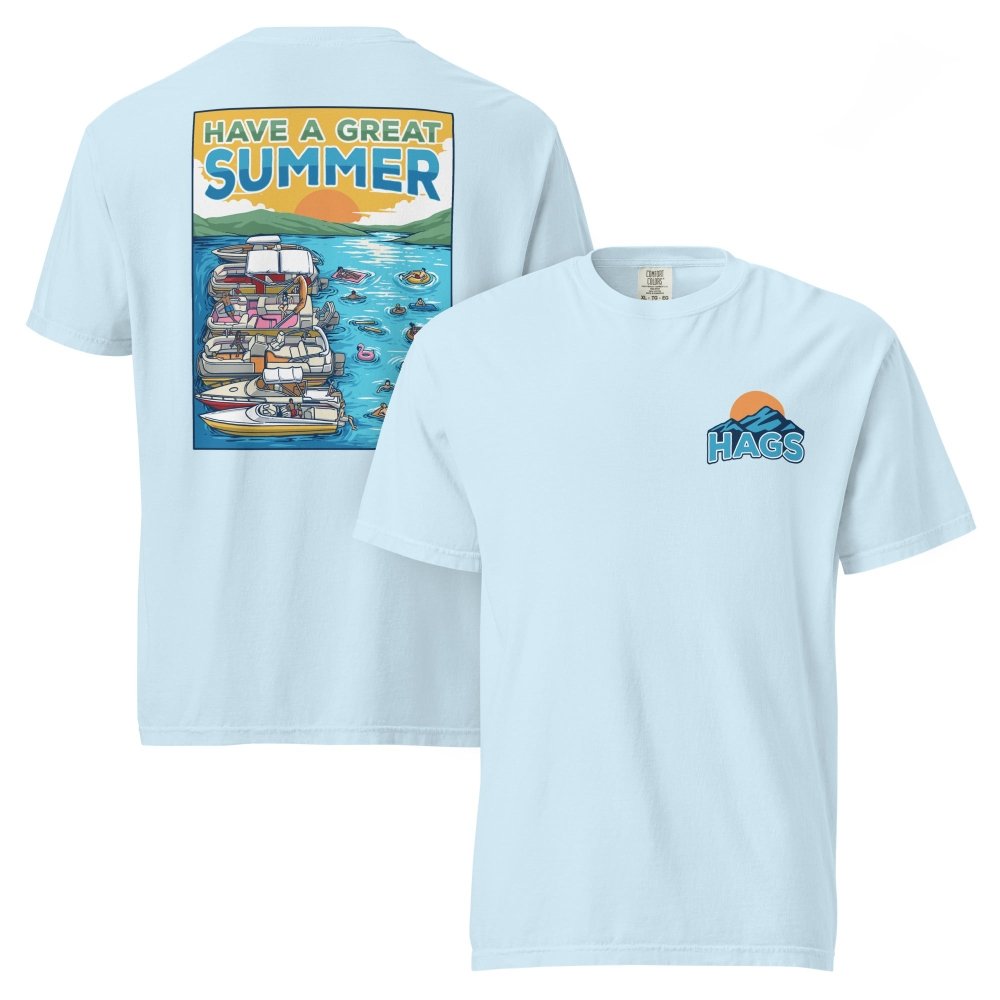 Front and back views of light blue HAGS Have a Great Summer tied-up boats T-shirt, showing small HAGS sunset chest logo and boats tied together on blue water.