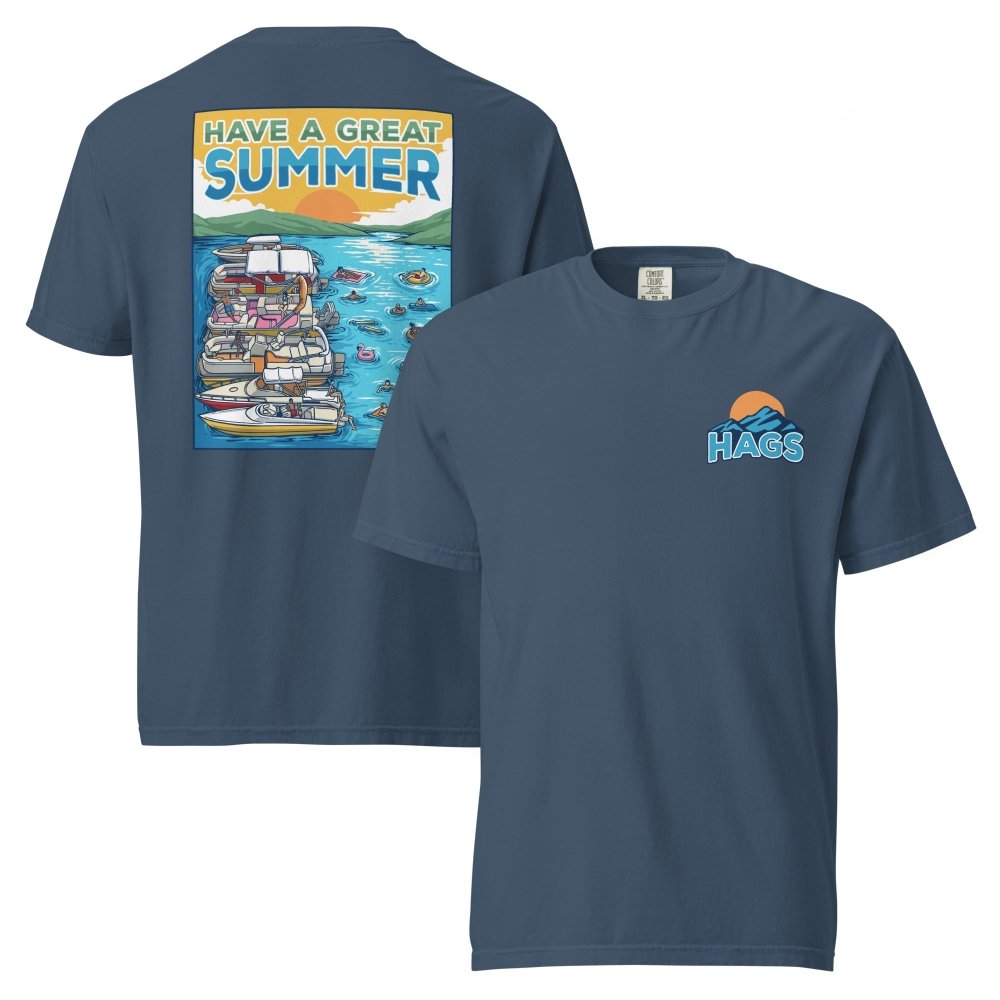 Front and back views of navy HAGS Have a Great Summer tied-up boats T-shirt, showing small HAGS sunset chest logo and boats tied together on blue water.