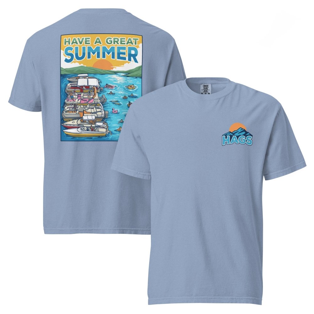 Front and back views of washed blue HAGS Have a Great Summer tied-up boats T-shirt, showing small HAGS sunset chest logo and boats tied together on blue water.