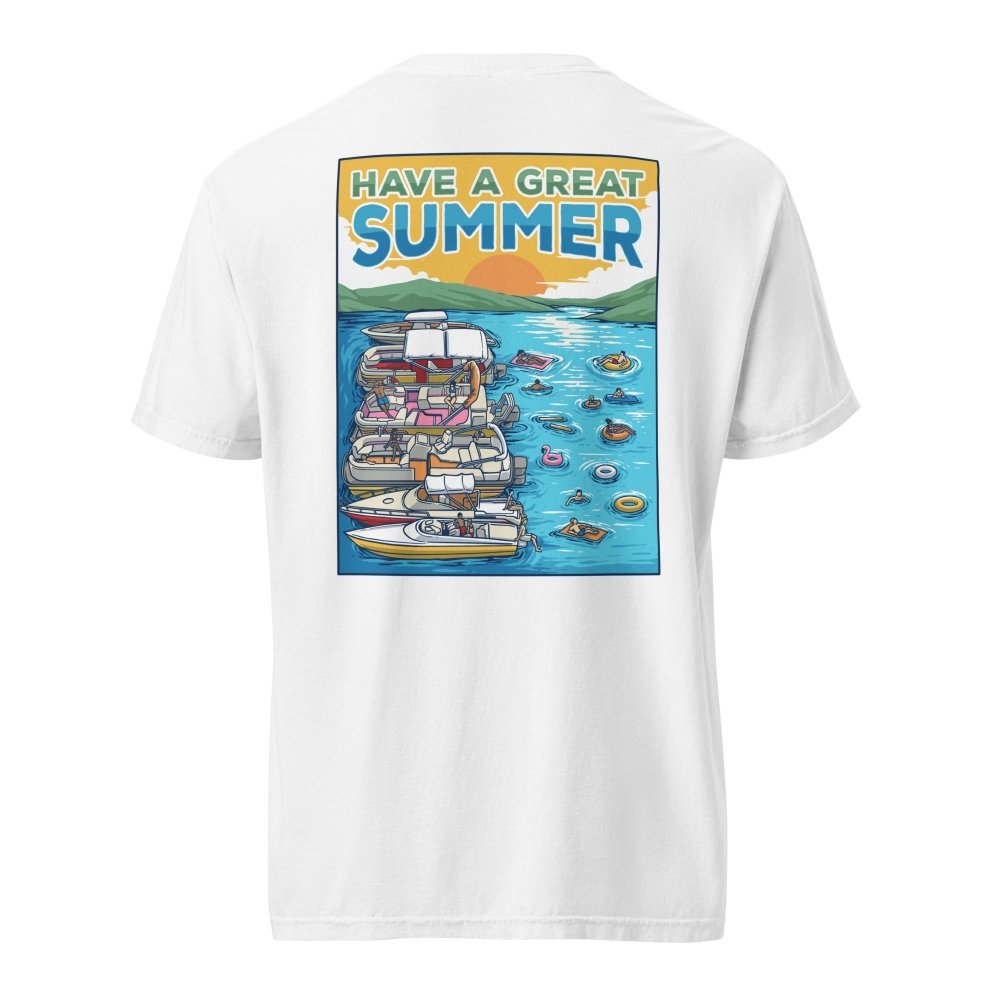 Back view of white HAGS Have a Great Summer tied-up boats T-shirt, showing boats tied together on blue water.