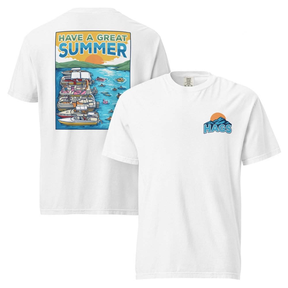 Front and back views of white HAGS Have a Great Summer tied-up boats T-shirt, showing small HAGS sunset chest logo and boats tied together on blue water.