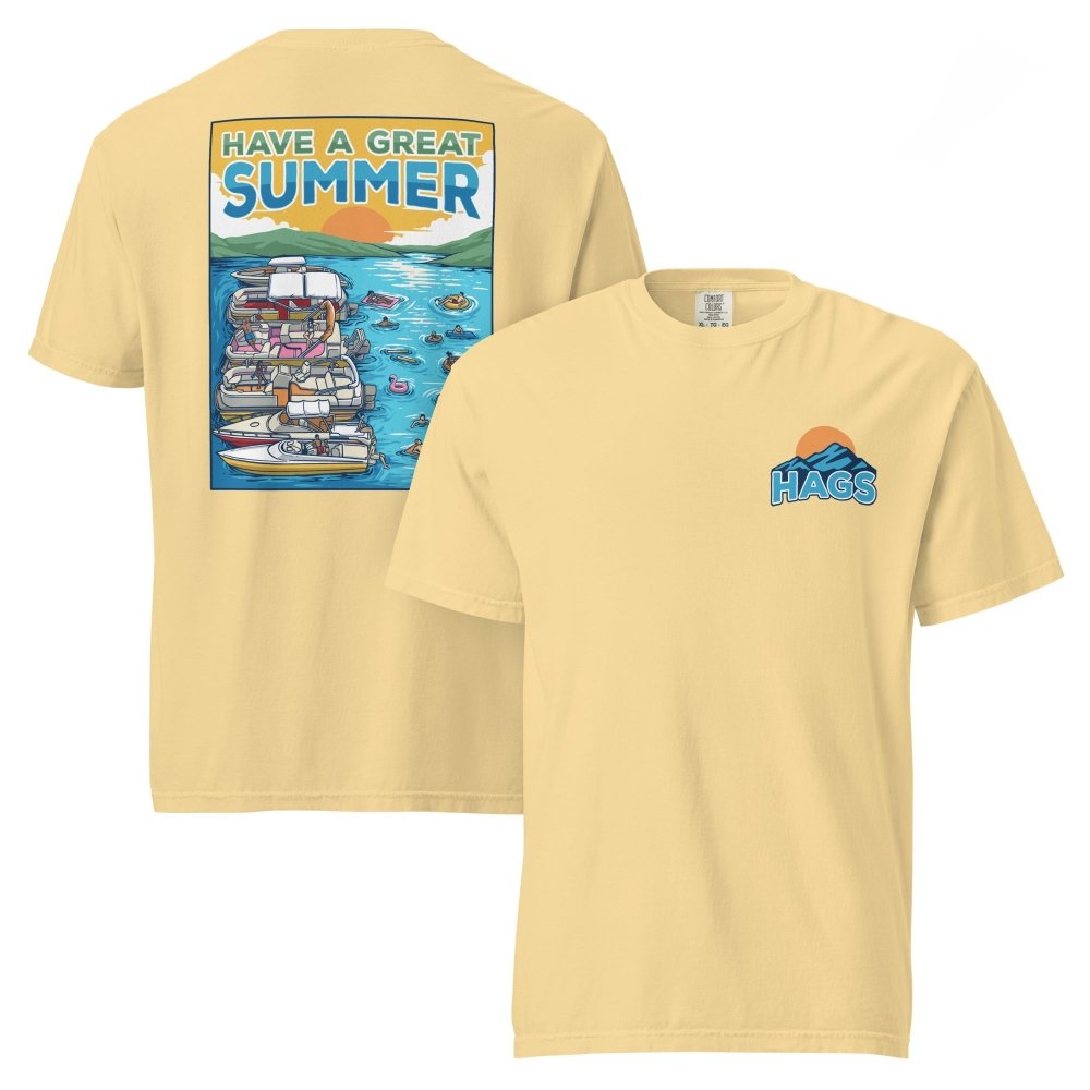 Front and back views of yellow HAGS Have a Great Summer tied-up boats T-shirt, showing small HAGS sunset chest logo and boats tied together on blue water.