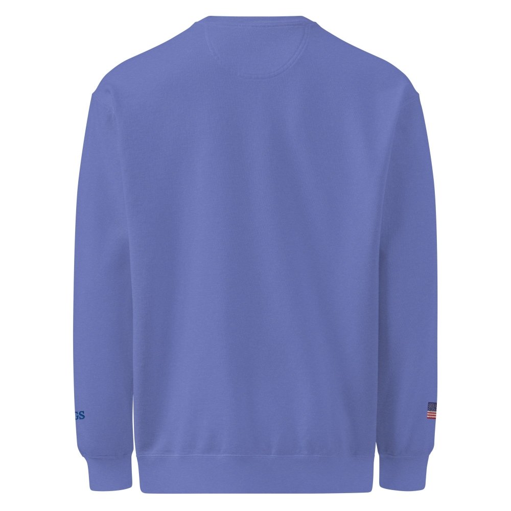 Back view of blue HAGS Have a Great Summer USA crewneck sweatshirt, showing plain back.