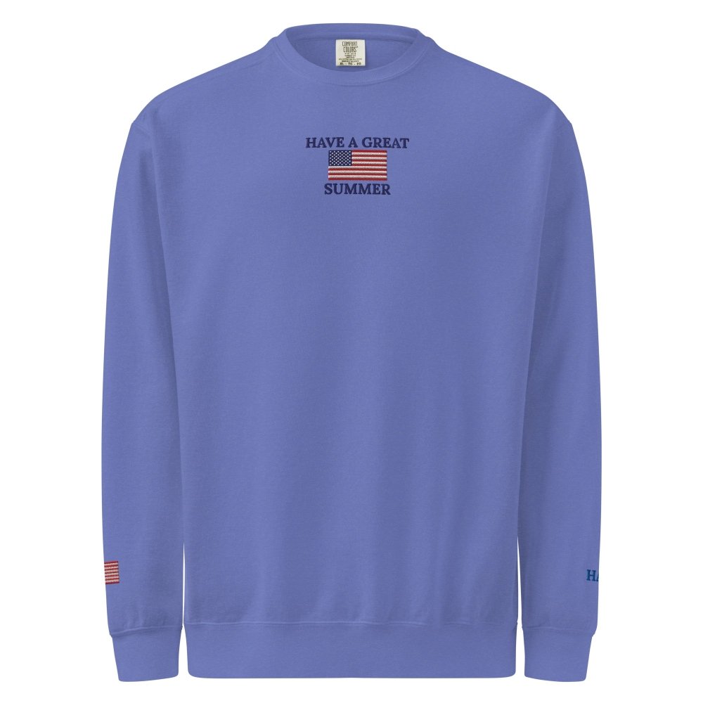 Front view of blue HAGS Have a Great Summer USA crewneck sweatshirt, showing small American flag and Have a Great Summer chest embroidery.