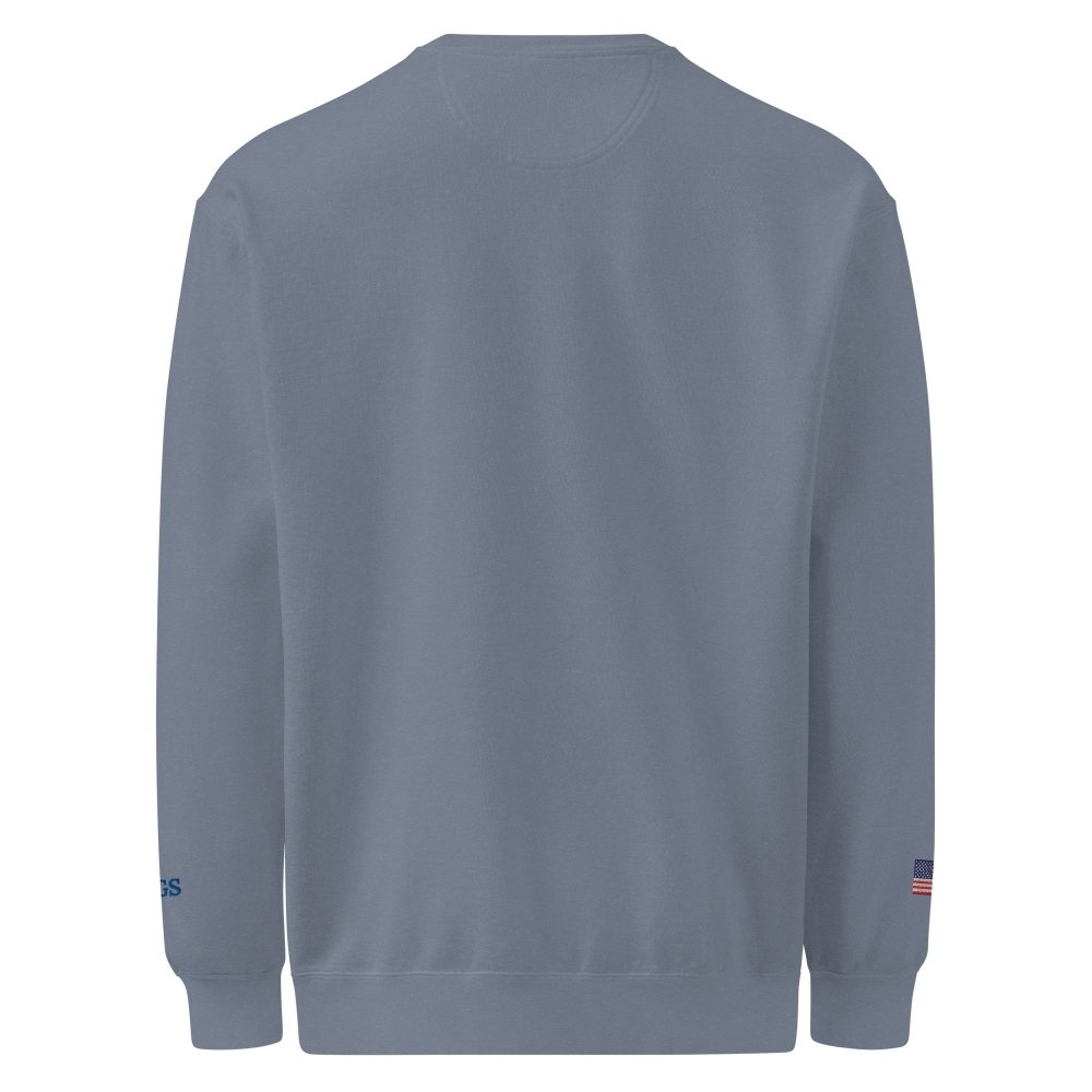 Back view of blue gray HAGS Have a Great Summer USA crewneck sweatshirt, showing plain back.