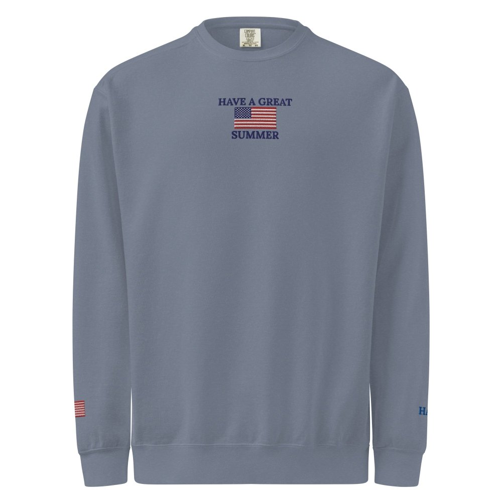 Front view of blue gray HAGS Have a Great Summer USA crewneck sweatshirt, showing small American flag and Have a Great Summer chest embroidery.