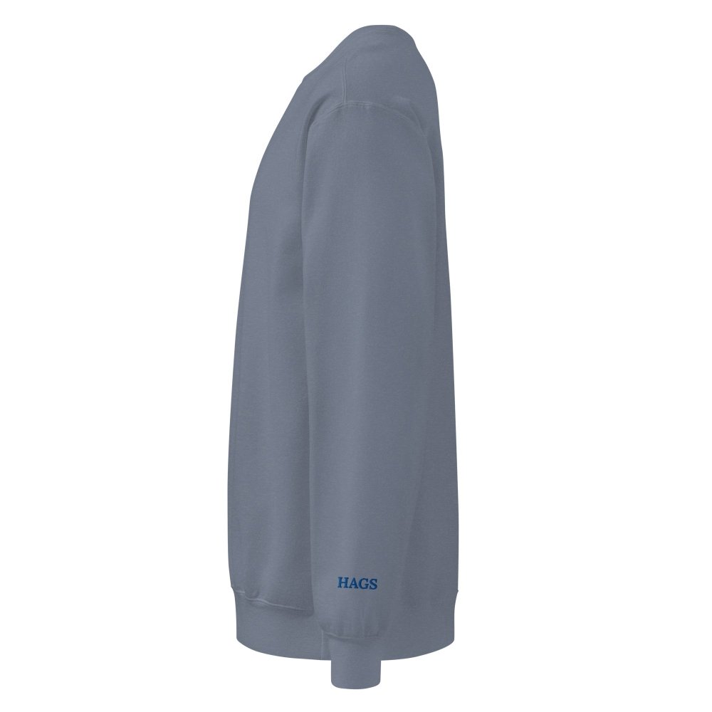Left-side view of blue gray HAGS Have a Great Summer USA crewneck sweatshirt.
